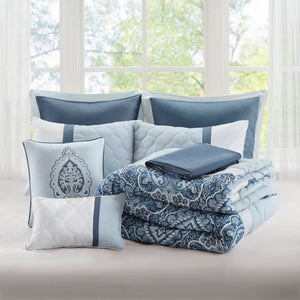 JLA Home 510 Design - 8 Shawnee 8-Piece Comforter Set — Damask-Accent Blue & White Microfiber, Hypoallergenic, Hotel-Style Finish 5DS10-0257