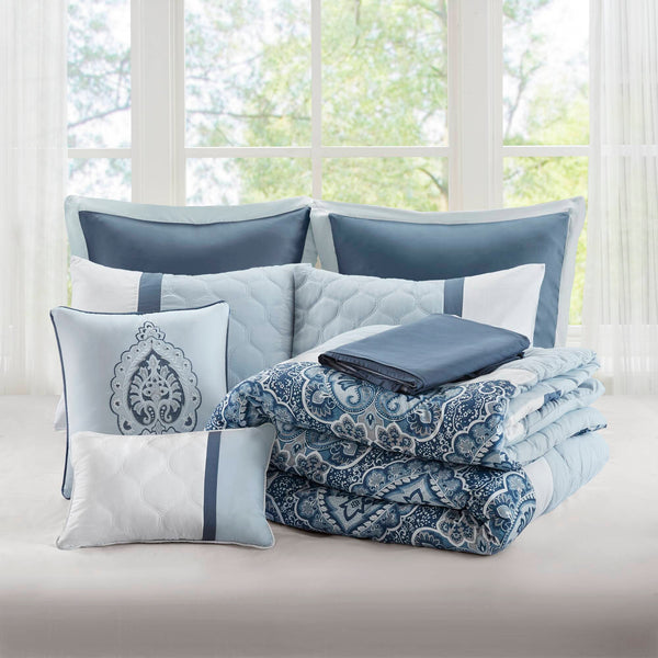 JLA Home 510 Design - 8 Shawnee 8-Piece Comforter Set — Damask-Accent Blue & White Microfiber, Hypoallergenic, Hotel-Style Finish 5DS10-0257