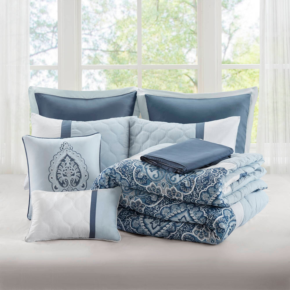 JLA Home 510 Design - 8 Shawnee Comforter Set with Damask Quilting, Navy Euro Shams, Embroidered Pillows & Bed Skirt 92 L x 104 W x 1.5H 5DS10-0256