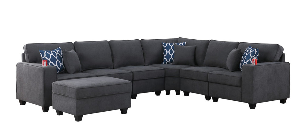 English Elm Cristiano Seven Piece Woven Fabric L-shape Sectional with Ottoman and Built-in Cupholders B2749S00112