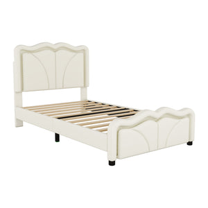 English Elm Twin Upholstered Platform Bed with Curved Headboard, Adjustable Heights, Sturdy Pine Frame, LED Accent Lights White WF323748AAK