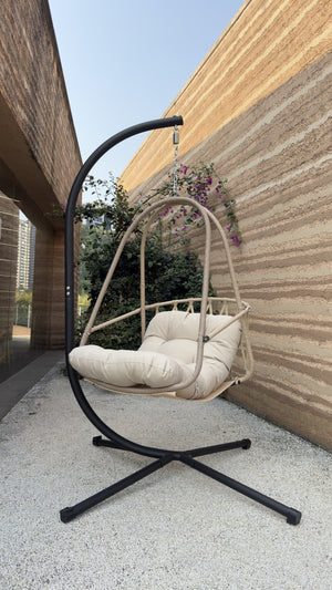 English Elm Swing Egg Chair With Stand – Cozy Indoor/Outdoor Wicker Patio Basket With Cup Holder & Cushions! W2707P296436-GIGA