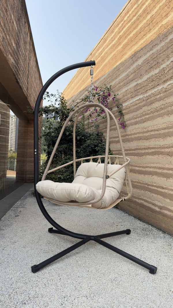 English Elm Swing Egg Chair With Stand – Cozy Indoor/Outdoor Wicker Patio Basket With Cup Holder & Cushions! W2707P296436-GIGA