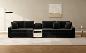 English Elm Modern Chenille Modular Sofa with Console Storage Armrest for Spacious Living Rooms Black N763S000065B