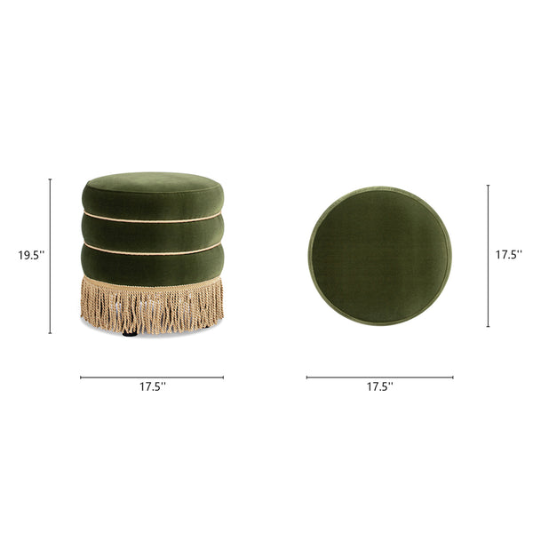 English Elm Jennifer Taylor Home - Edward 17.5" Round Upholstered Ottoman in Olive Green Performance Velvet with Bullion Fringe Accent B2719P269269
