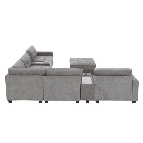 English Elm [new U-shaped Chenille Sectional Six Seat Tufted Couch with Usb Charging Storage Gray N723S1191E