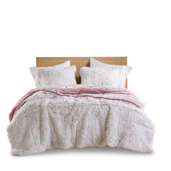 English Elm 2 Piece Shaggy Faux Fur Twin Comforter Set Hypoallergenic Cozy Textural Bedding Pink+White B035P319586