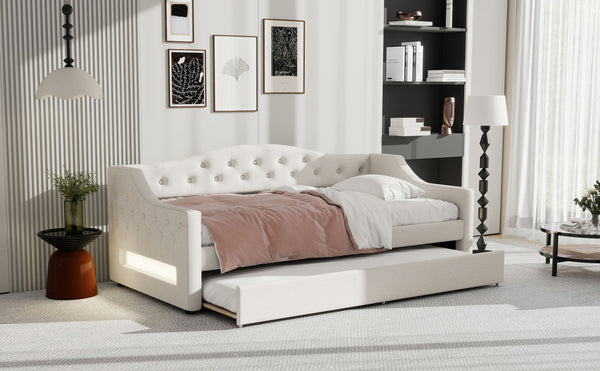 English Elm Upholstered Twin XL Daybed with Built-In LED Belt and Trundle, Linen Backrest, Modern Guest Bed Beige DL002050AAA