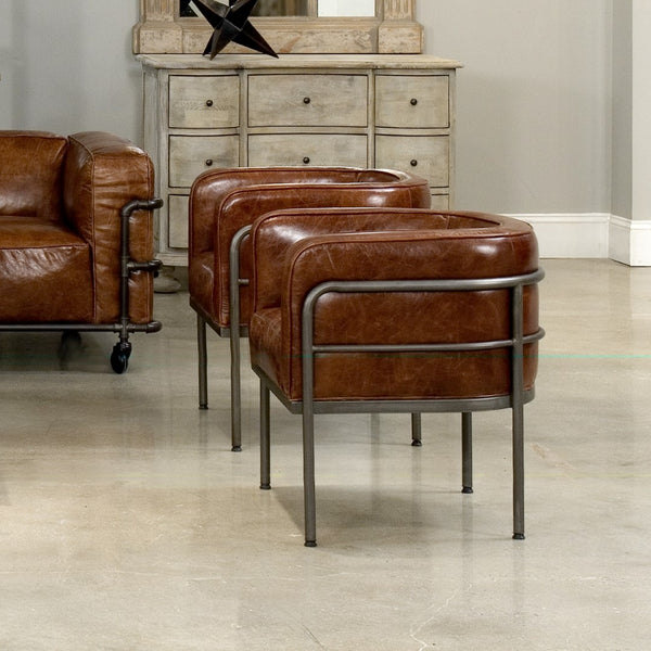 Sarreid Breda Chair - Stylish Iron Design With Aged Metal Finish And Luxurious Cuba Brown Leather Upholstery Brown  28884