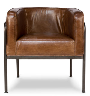 Sarreid Breda Chair - Stylish Iron Design With Aged Metal Finish And Luxurious Cuba Brown Leather Upholstery Brown  28884