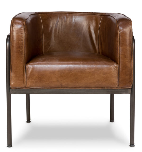 Sarreid Breda Chair - Stylish Iron Design With Aged Metal Finish And Luxurious Cuba Brown Leather Upholstery Brown  28884