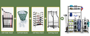 English Elm Golf Bag Vertical Rack Organizer Holds 3 Bags with Club and Accessory Shelves T3210P392618