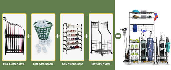 English Elm Golf Bag Vertical Rack Organizer Holds 3 Bags with Club and Accessory Shelves T3210P392618