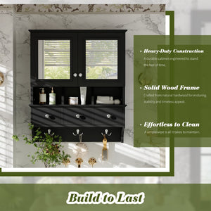 English Elm 4-in-1 Wall Mounted Bathroom Cabinet with Mirror Drawers and Towel Hooks Vanity Black N710P405416B