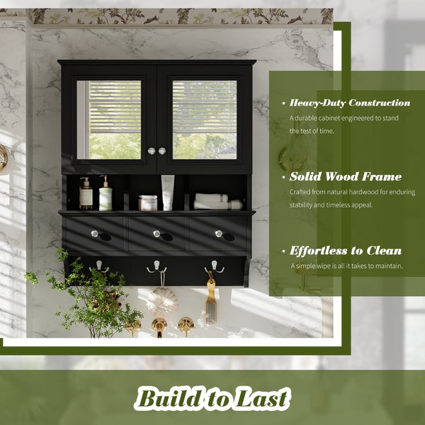 English Elm 4-in-1 Wall Mounted Bathroom Cabinet with Mirror Drawers and Towel Hooks Vanity Black N710P405416B