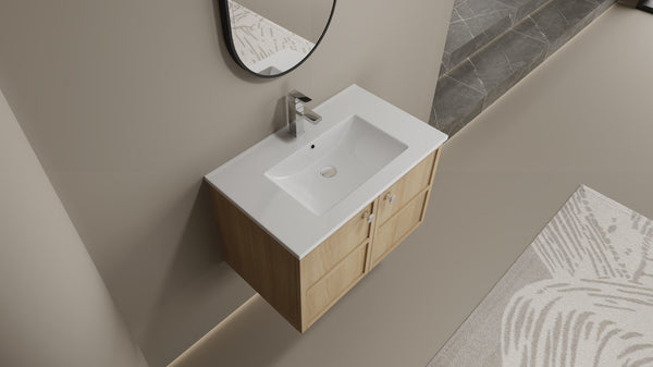 English Elm 30" Oak Wall-Mounted Bathroom Vanity with Ceramic Sink, 2 Soft-Closing Doors, Plywood Build, Space-Saving Design W1972S00022