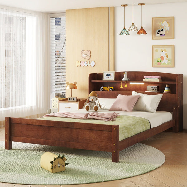 English Elm Full Pine Wood Bed with Bookcase Headboard, LED Motion Sensor, Guardrails & Ample Walnut Storage W504P281004