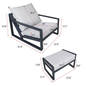 English Elm Aluminum Patio Lounger Set with Ottoman, Waterproof Cushions, Rust-Resistant Frame, Modern Black/Grey Comfort W1889P379076