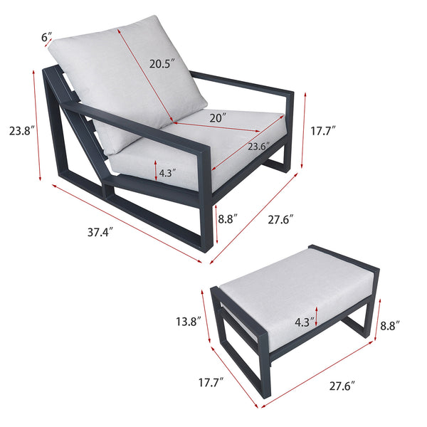 English Elm Aluminum Patio Lounger Set with Ottoman, Waterproof Cushions, Rust-Resistant Frame, Modern Black/Grey Comfort W1889P379076