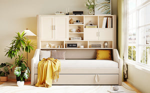 English Elm Twin Upholstered Daybed with LED Armrest Lighting, Hidden Storage Shelves & Lift-Up Pull-Out Trundle Beige SF000198AAA