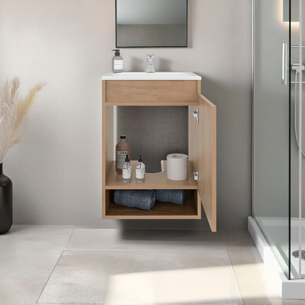 English Elm Natural Oak Wall-Mounted Bathroom Vanity With Sink, Open Shelf & Modern Space-Saving Design B062S01379