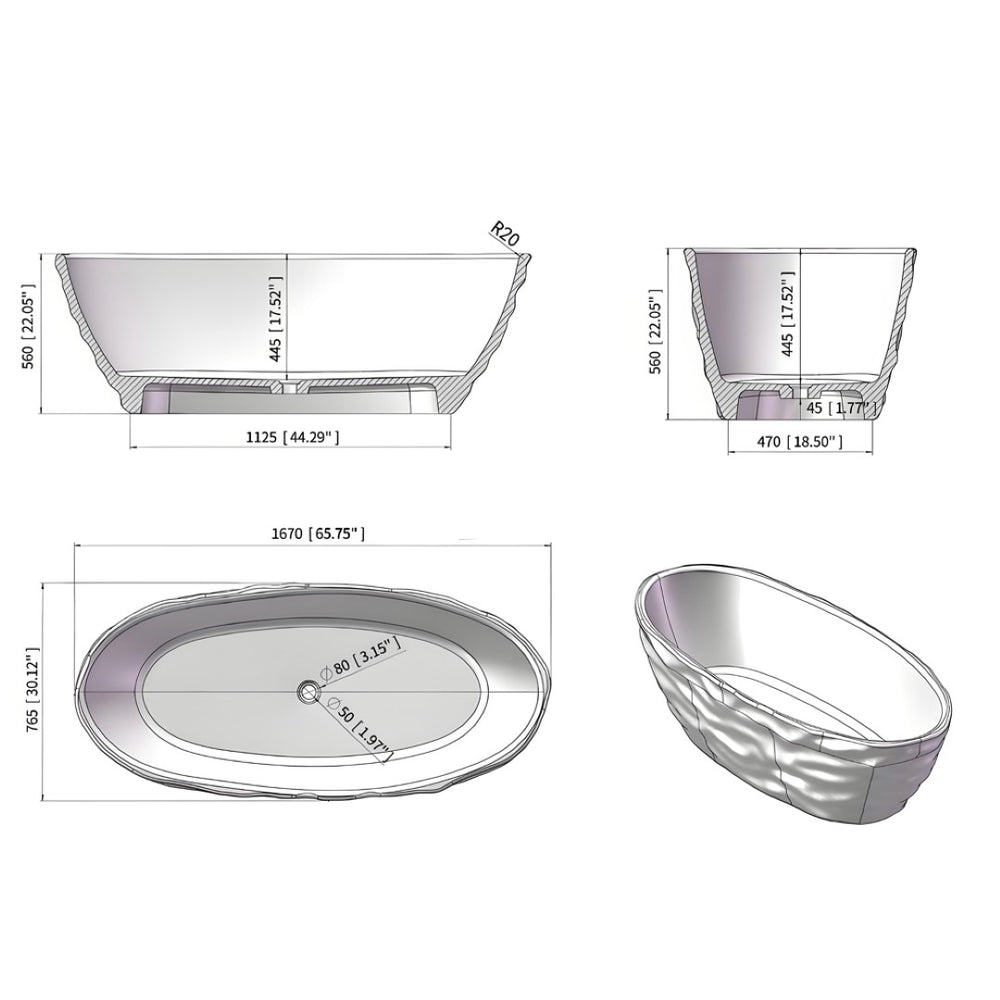 English Elm 67 Inch Freestanding Resin Soaking Tub Stone-like Finish Spa Bathroom Centerpiece W3034P324292