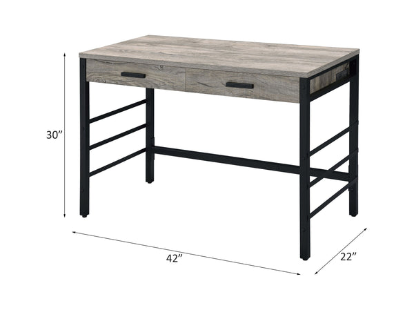 English Elm Disho Light Weathered Oak Writing Desk with USB Ports, 2 Drawers, Black Metal Ladder Base, Industrial Charm B2726P255313