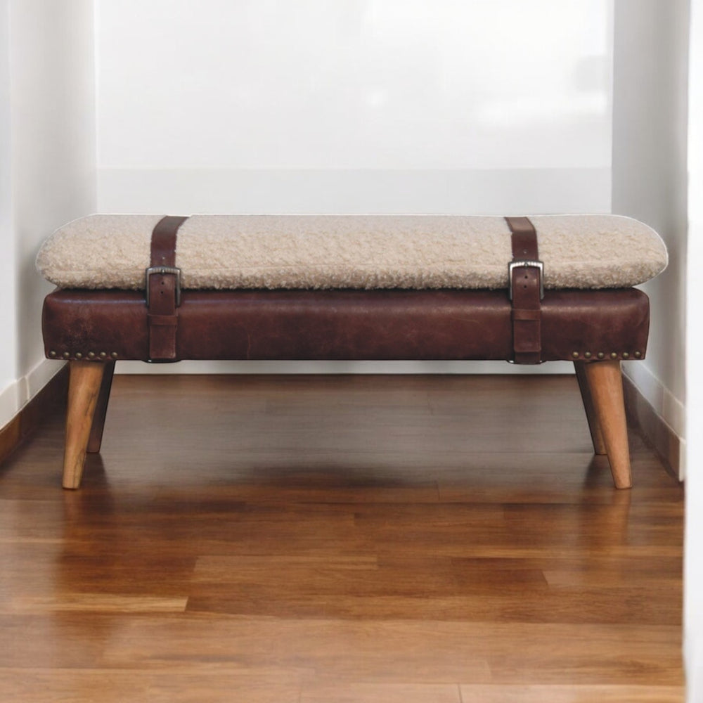 English Elm Boucle Brown Leather Bench - Handcrafted Upholstered Seating With Nordic Wood Legs For Modern Style B182P295023
