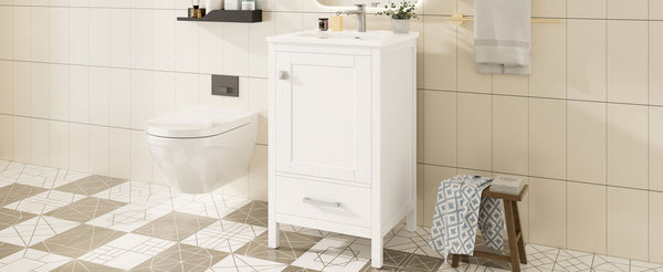 English Elm 20-Inch Compact Bathroom Vanity with Ceramic Sink, Soft-Close Storage, Divider Drawer & Easy Plumbing Access White N729P334847K