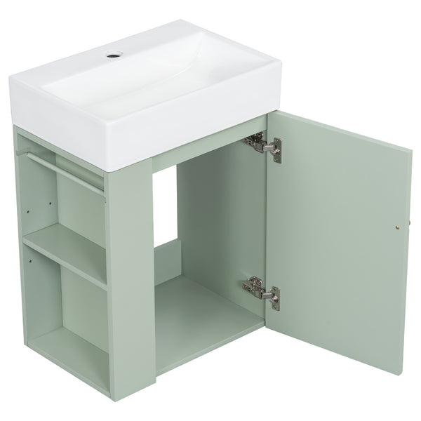 English Elm 20 Modern Wall-Mounted Bathroom Vanity with Ceramic Sink, Diamond Door, Gold Handles & Shelves — Compact Green N725P314033F