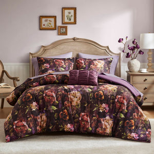 English Elm 4-piece King Velvet Floral Comforter Set with Ruched Pillow for Romantic Bedrooms B035P463194