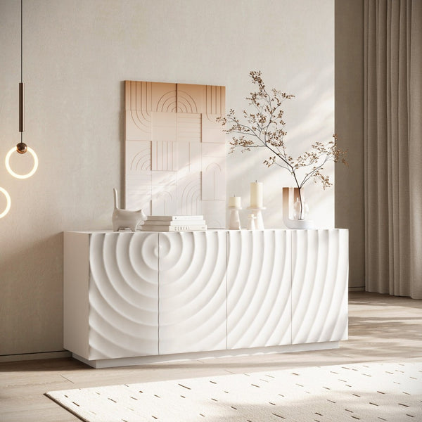 English Elm Buffet Sideboard with 3d Wave Textured Doors Wide Storage Cabinet for Dining Room W2263P410055