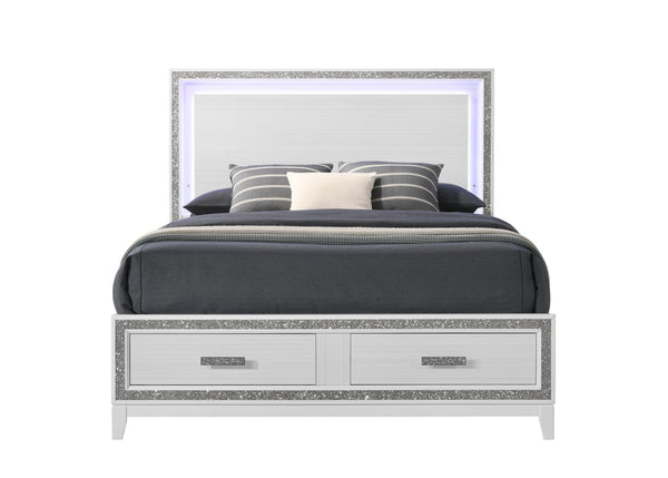 English Elm Haiden Queen Bed with LED-Illuminated Panel Headboard, Silver Trim & Under-Bed Storage Drawers White 29 L x 21 W x 13 H B2726S00139