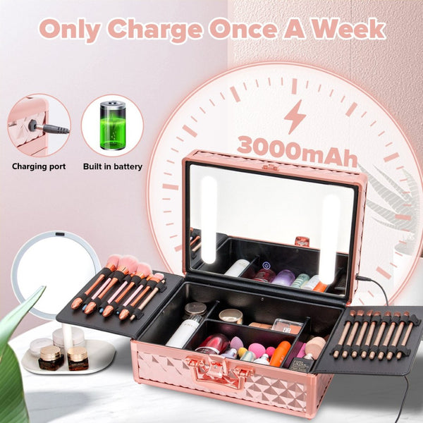 English Elm Portable Led Vanity Makeup Case Aluminum Travel Organizer with Mirror Lock Dividers W1550P163304
