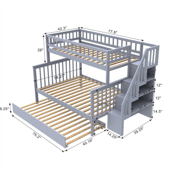 English Elm Twin Over Full Stairway Bunk Bed With Trundle - Stylish Gray Space-Saving Solution For Kids' Rooms K495S00003-GIGA