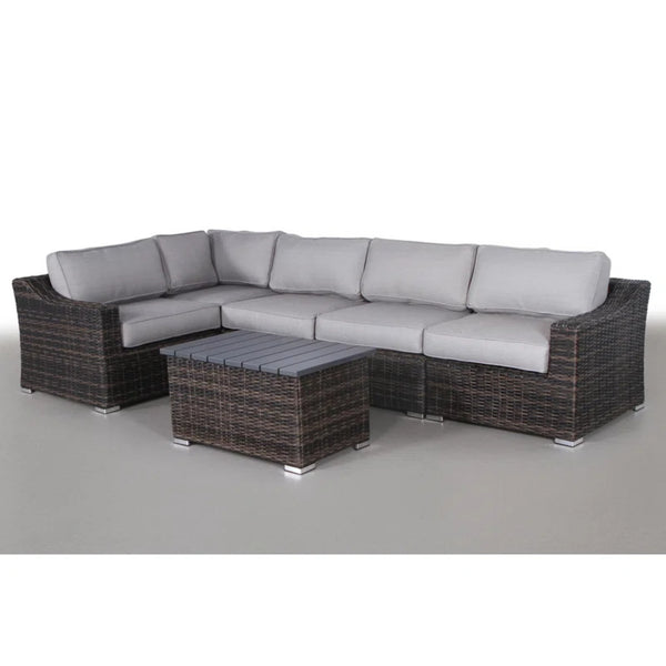 English Elm Outdoor 4-Person Garden Seating Set — Weathered Resin Wicker 6-Piece Sectional, Cushions Included B120S00089