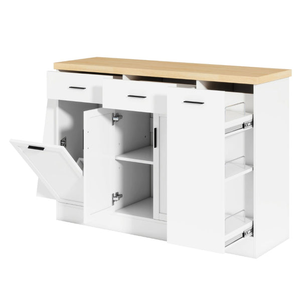 English Elm Trexm Farmhouse Kitchen Sideboard with Hidden Trash Cabinet and Built-in Spice Rack White XW000027AAK
