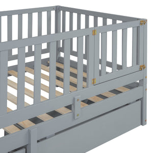 English Elm Twin Pinewood Daybed with Fence Guardrails Two Storage Drawers and Split Floor Bed Gray LP200881AAE