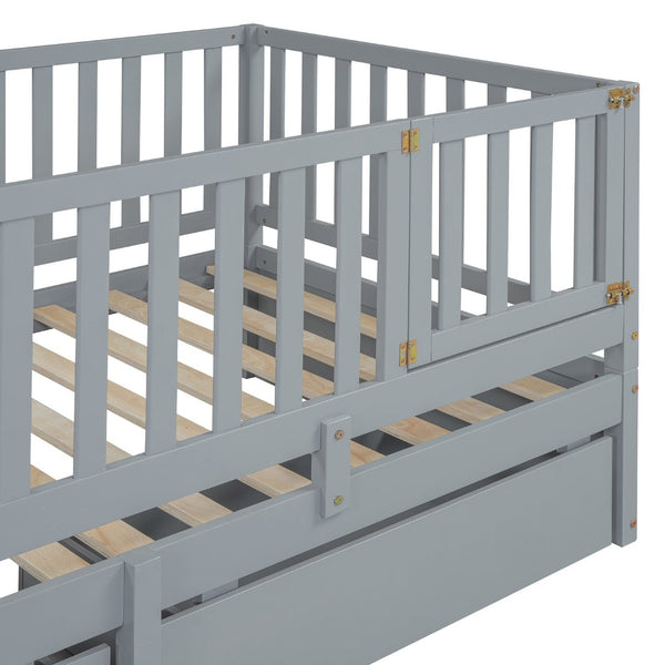 English Elm Twin Pinewood Daybed with Fence Guardrails Two Storage Drawers and Split Floor Bed Gray LP200881AAE