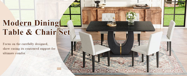 English Elm Black Wood Grain Mdf Dining Table Set Six Pu Leather Chairs Buckle Backrest Modern W1151S04472