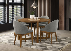 English Elm Andrew Round Walnut Dining Set Seats Four with Upholstered Mid-century Modern Chairs B061S00963