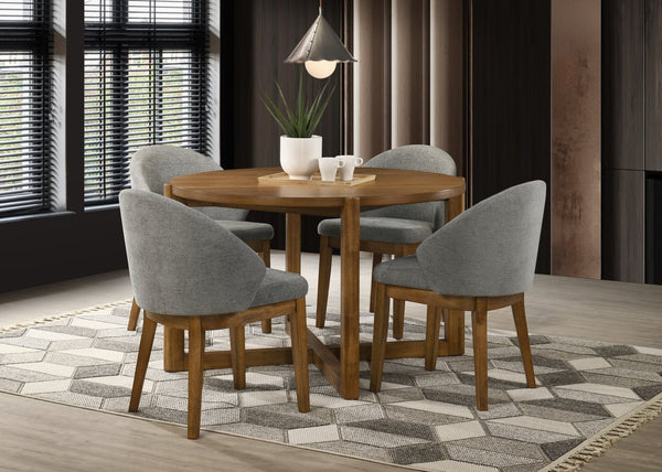 English Elm Andrew Round Walnut Dining Set Seats Four with Upholstered Mid-century Modern Chairs B061S00963