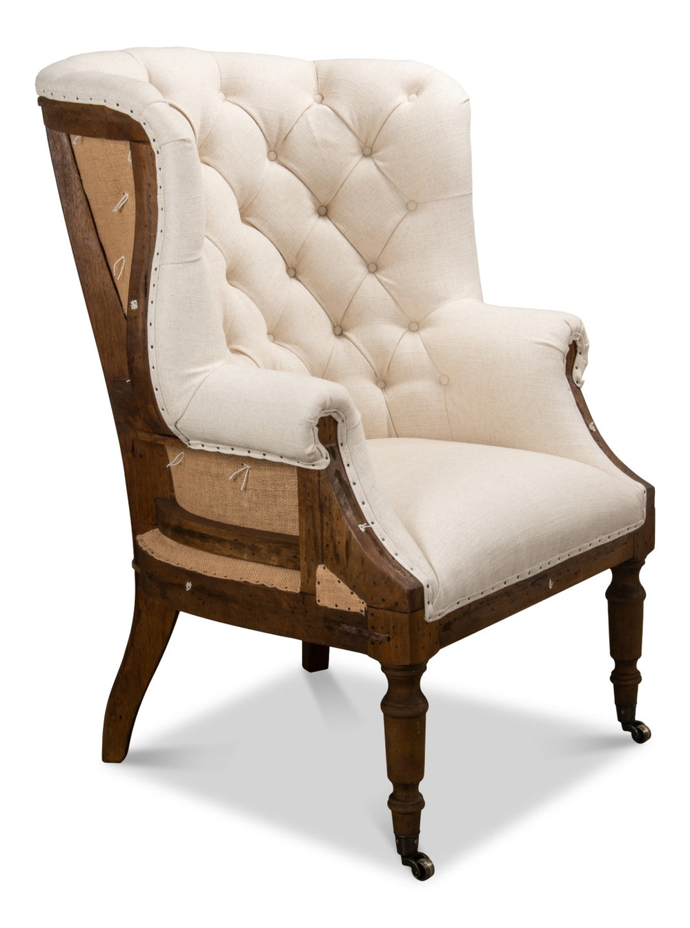 Sarreid Irish Chair - Deconstructed Design With Wood Frame, Linen Upholstery & Rustic Burlap Accents Ivory  28907