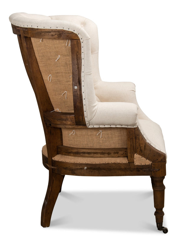 Sarreid Irish Chair - Deconstructed Design With Wood Frame, Linen Upholstery & Rustic Burlap Accents Ivory  28907