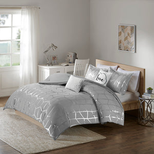 JLA Home Intelligent Design - Metallic Geometric Comforter Set with Soft Grey Microfiber, Embroidered Accent Pillows & Antimicrobial Finish 90 L x 90 W x 1H ID10-1244