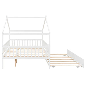 English Elm Full Size Pine House Bed with Roofline Frame and Roll Out Twin Trundle for Kids LP100306AAK