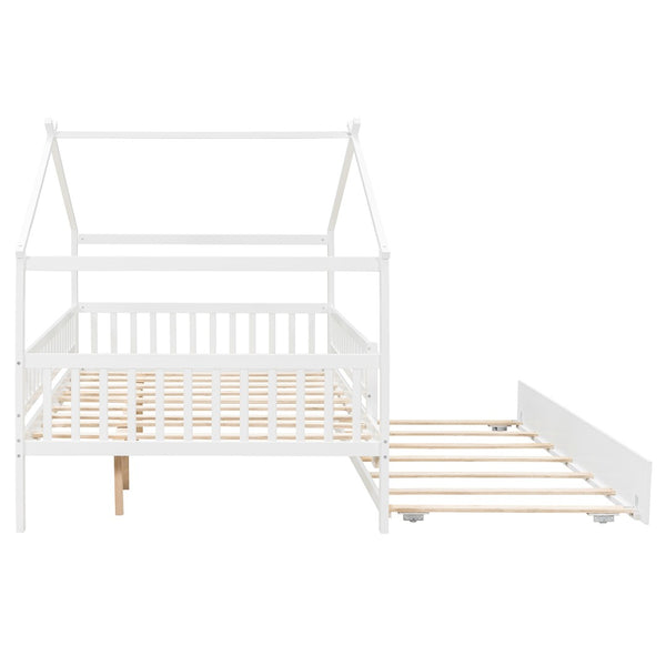 English Elm Full Size Pine House Bed with Roofline Frame and Roll Out Twin Trundle for Kids LP100306AAK