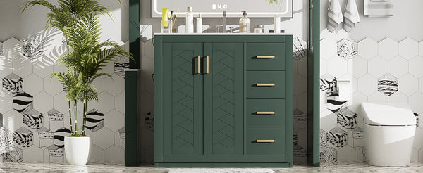 English Elm 36'' Bathroom Vanity with Ceramic Sink Combo Solid Wood Frame Soft-Closing Drawers Ample Storage Elegance Green N710P243327F