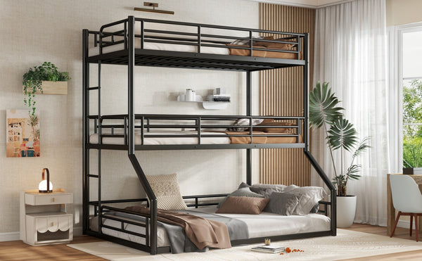 English Elm Twin Triple Metal Bunk Bed Matte Powder Coated Frame with Full Safety Guardrails Black W1580S00584