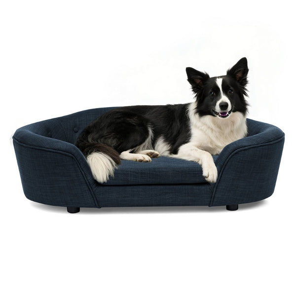 English Elm Oversized Oval Dog Sofa with Tufted Linen Backrest for Large Breed Lounging Comfort Dark Blue W487P415301